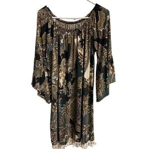 Paisley Dress Womens Large Knit Multicolor Round Neck Dress Fringe Boho Festival